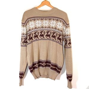 Vintage 80s Reindeer & Snowflake Ski Sweater Tan